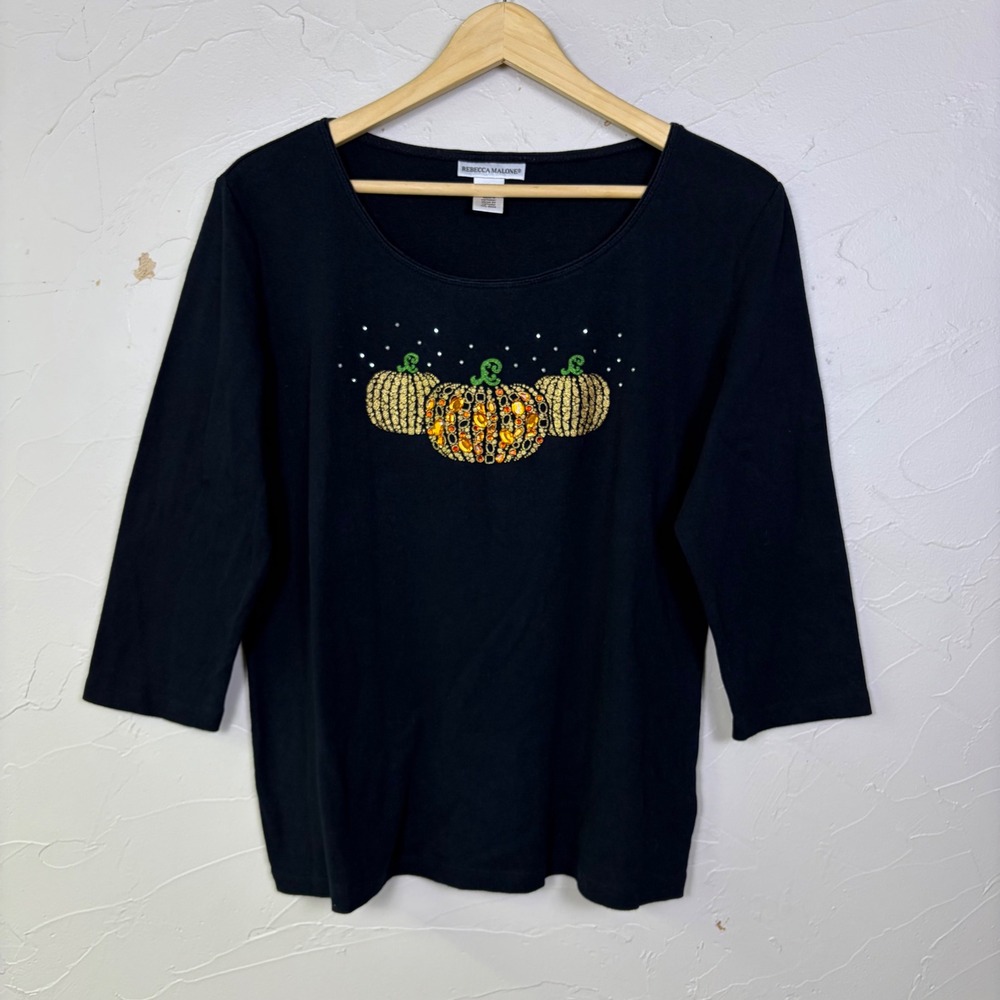 Rebecca Malone Pumpkin Graphic Shirt Women Large Black 3/4 Sleeve Fall Seasonal